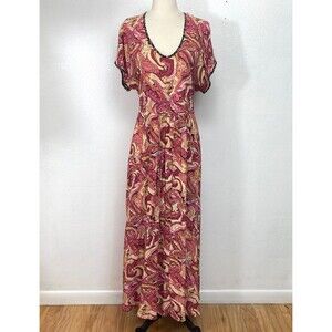 Vintage Zoe Womans Maxi Dress Large  Rayon Crepe Pink Paisley Boho Peasant Y2K